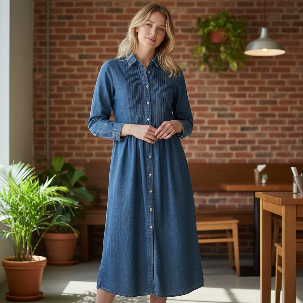Vintage 90s Denim Maxi Shirt Dress Modest Cottagecore Button Blue Medium Western